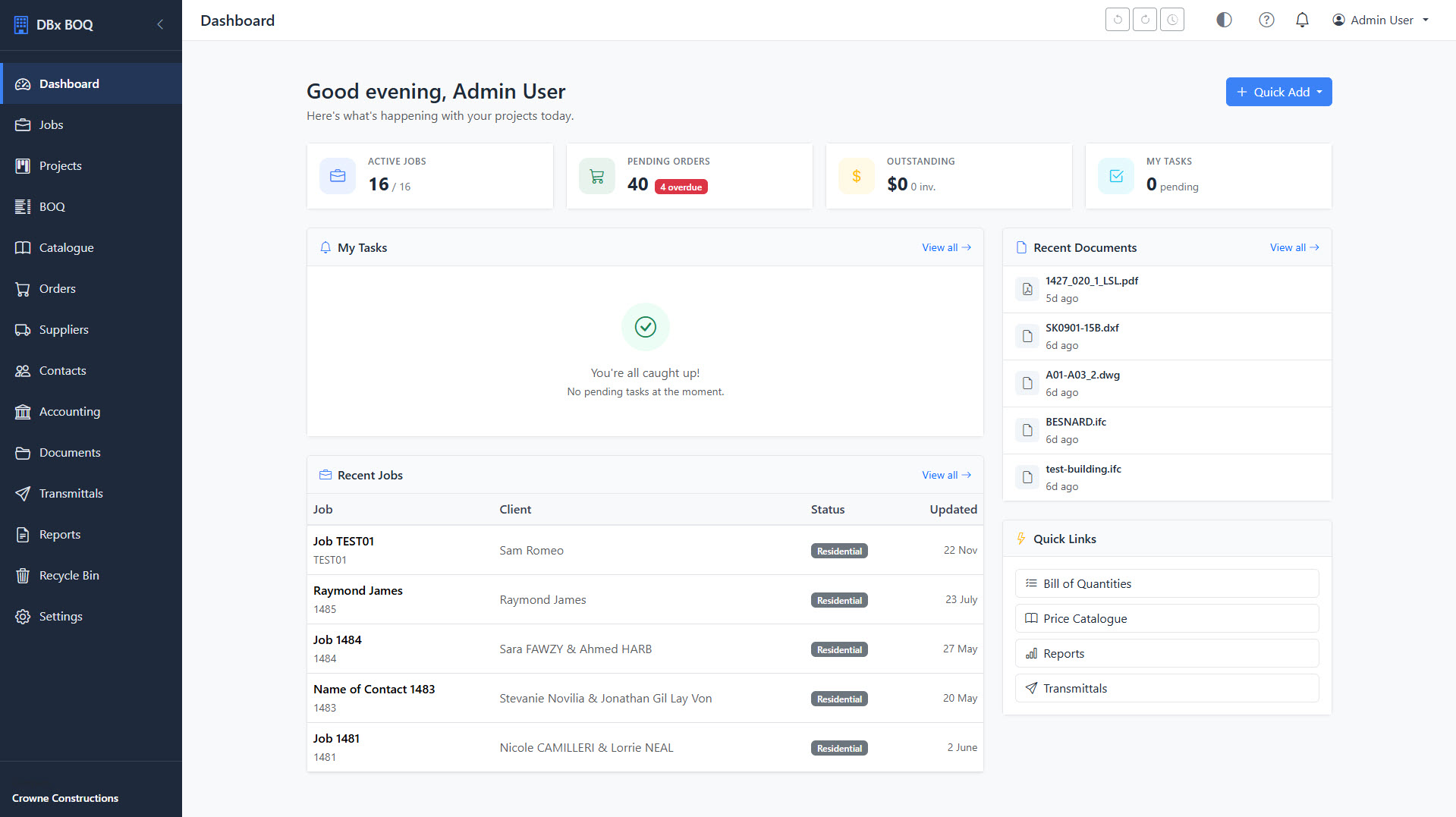 T&E Cloud Dashboard showing active jobs, pending orders, recent jobs list, and quick links navigation